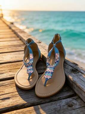 Easy USA Women's Blue Rhinestone Embellished T-Strap Flat Sandals with Back Zipp